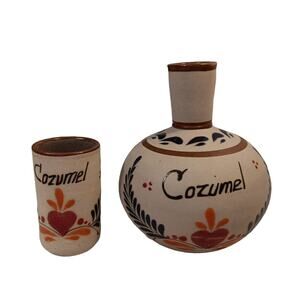 Cozumel Mexico Clay Pottery Souvenir Cup & Water Jug Glazed Handmade/Painted Vtg
